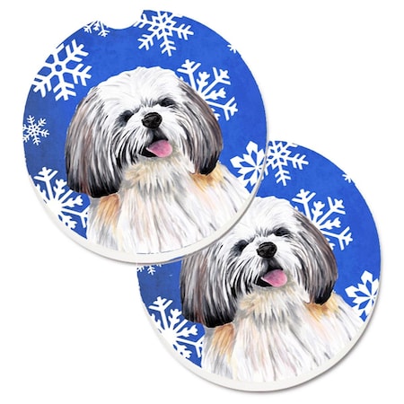 Carolines Treasures Shih Tzu Winter Snowflakes Holiday Set of 2 Cup Holder Car Coaster SC9383CARC